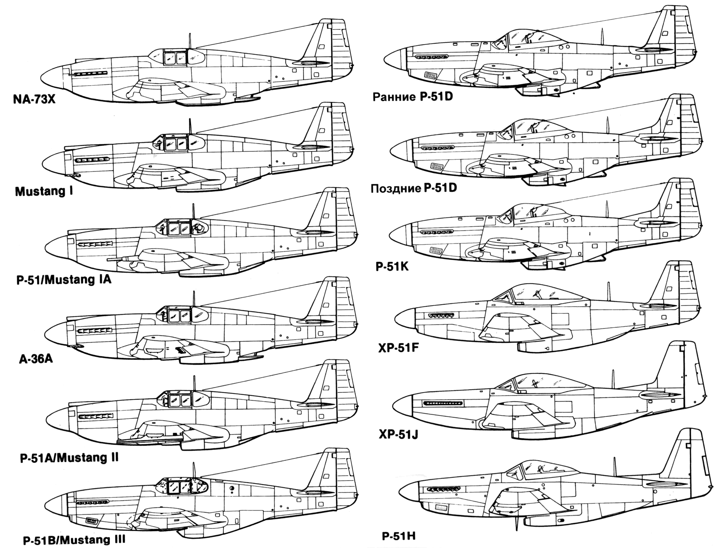 Силуэты модификаций North American P-51
