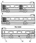 Варианты кузовов Leyland National (а — двухдверный, б — однодверный): 1 — дверь аварийного выхода, 2 — горловина бензобака, 3 — окно водителя (с форточкой).