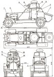 Чертеж БА-27 1 — фара; 2 — дверца доступа к двигателю; 3 — пушка Гочкиса; 4 — задний люк башни; 5 — смотровые щели; 6 — броневая дверь; 7 — запасное колесо; 8 — ручка пускового механизма; 9 — пулемет ДТ; 10 — крышка башенного люка; 11 — смотровой лючок водителя; 12 — смотровой лючок командира; 13 — смотровой лючок заднего поста управления.